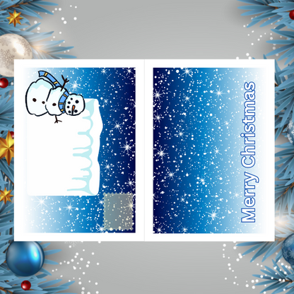 Images shows the posting pages for the snowman Christmas range at Bare Cards, featuring a blue sparkly background on both sides, Merry Christmas on the back of the posting pages and a snowman, place to write addressee and stamp on the front of the posting page