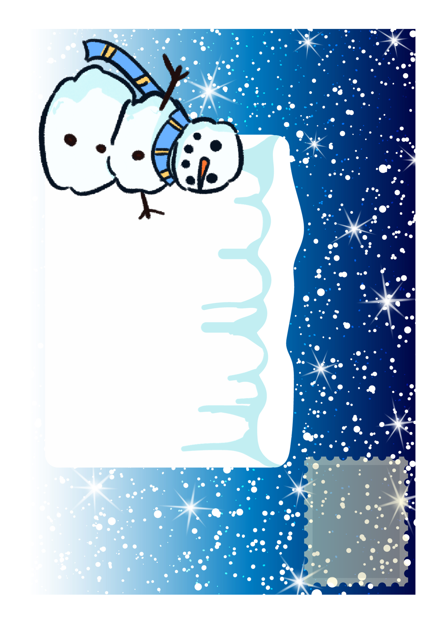 Snowman Christmas Card front of posting page featuring a blue sparkly background and a snowman with a blue and yellow striped scarf. There is a place to write addressee and place stamp indicated.