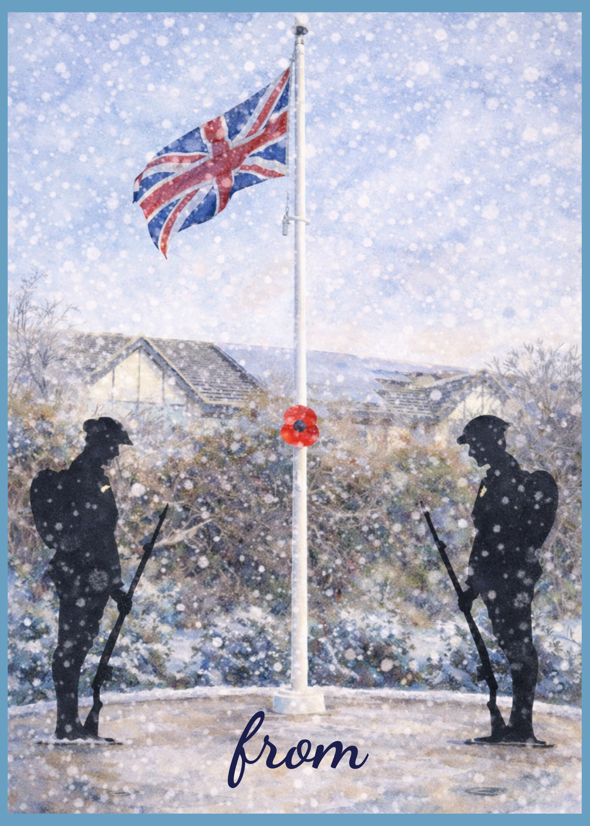 A card design featuring a snowy outdoor scene with a Union Jack flag on a pole, two black soldier silhouettes holding rifles, and the word 'from' at the bottom. The artwork is framed by a light blue border.