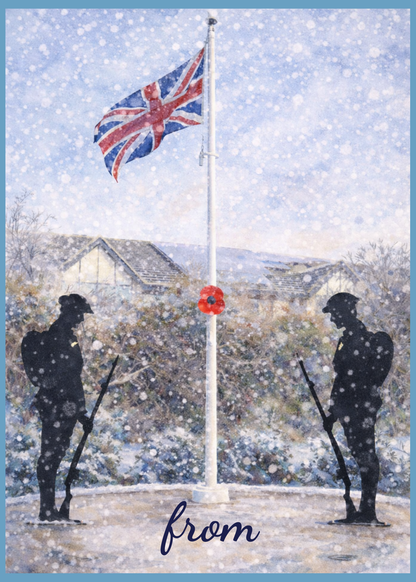 A card design featuring a snowy outdoor scene with a Union Jack flag on a pole, two black soldier silhouettes holding rifles, and the word 'from' at the bottom. The artwork is framed by a light blue border.