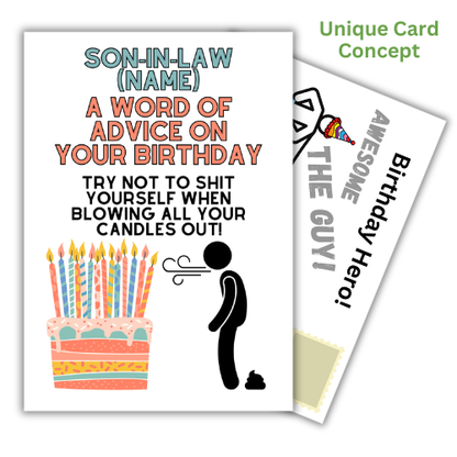 Funny male humour self-sealing birthday card for son-in-law, Word Of Advice design, UK-made eco-friendly card