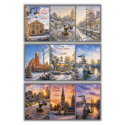 Image shows the 3 cards included in the Bare Cards Christmas Card Bundle for Swindon. There are 3 cards featured. The top card features a triptych card showing Steam Museum, Queen's Park and The Railway Village. The middle card  includes festive images of Swindon Town Hall, The Pavillion at Town Gardens and the Coate Water Diving Board. The bottom card features sunset Christmas images of Queen's Park, Christchurch and the Coate Water Diving Board.