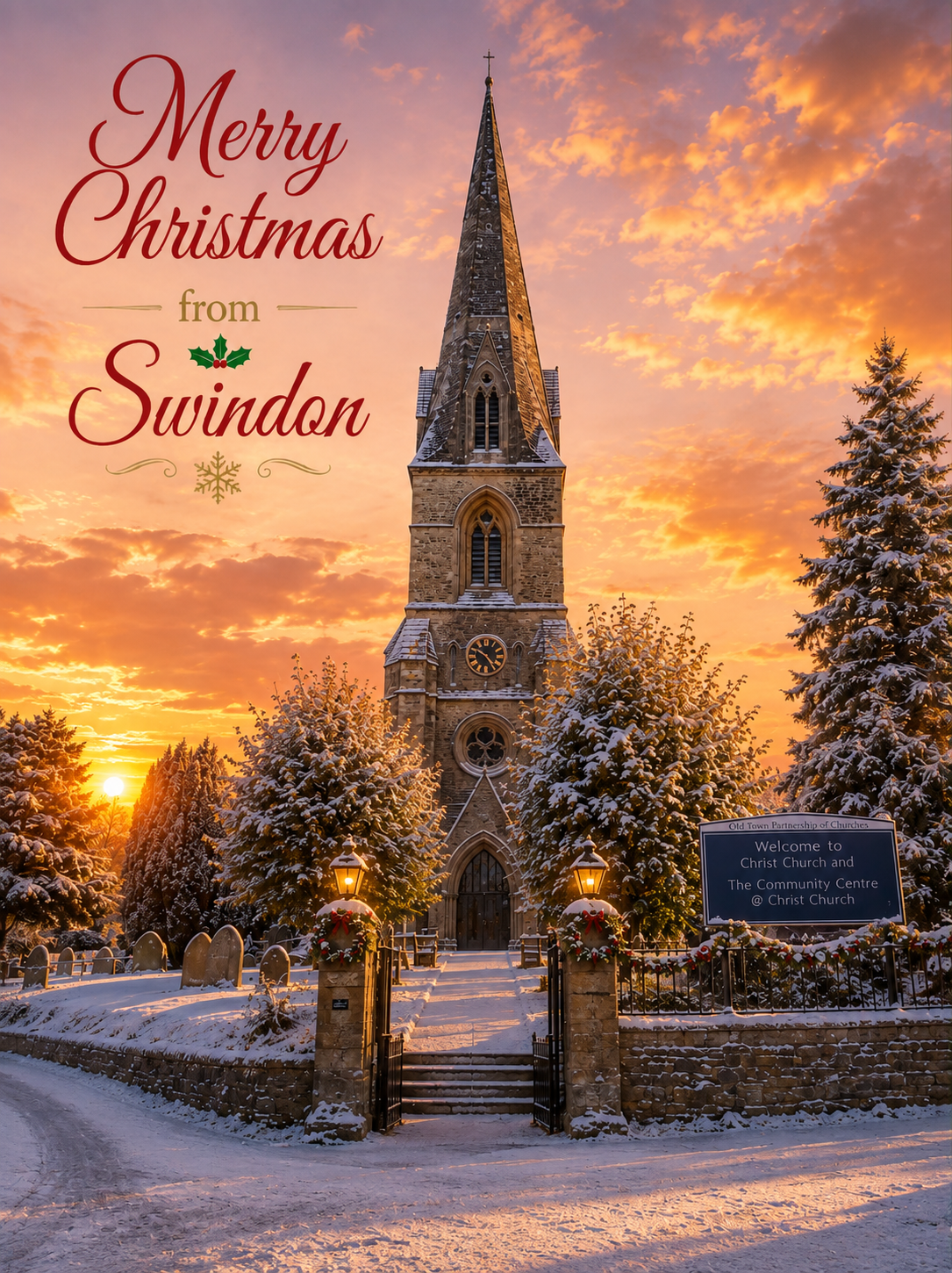 Christmas greeting card design featuring a snow-covered church in Swindon at sunset, with large red text reading 'Merry Christmas from Swindon' over the scene.