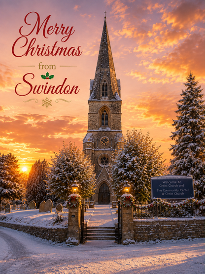 Christmas greeting card design featuring a snow-covered church in Swindon at sunset, with large red text reading 'Merry Christmas from Swindon' over the scene.