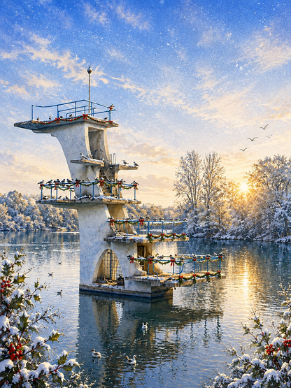 A winter lakeside scene with a snow-covered diving platform structure in the water, decorated with holiday garlands. Trees and shrubs around the lake are dusted with snow, and the sky is blue with warm golden light near the horizon.