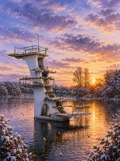 A scenic winter sunset painting of a multi-level concrete diving platform rising from a calm lake, surrounded by snow-covered trees and a dramatic purple, orange, and pink sky.