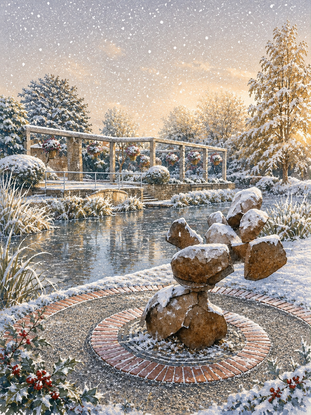 A snowy winter garden scene with a stone sculpture in the foreground, a small pond, a covered bridge, and snow-covered trees under falling snow.