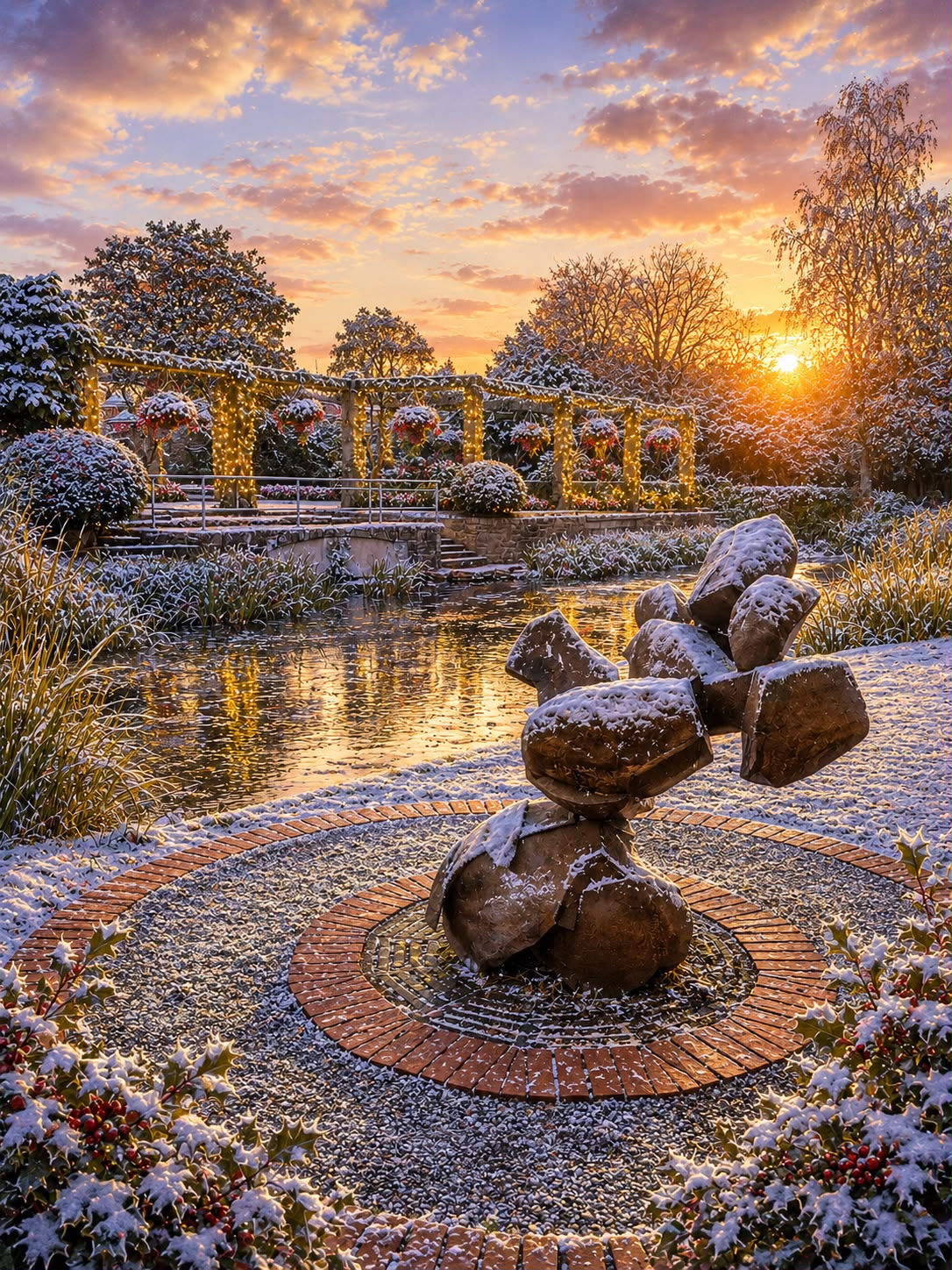A winter garden scene at sunset with a snow-dusted stone sculpture in the foreground, a small pond, a snow-covered arched walkway with hanging flower baskets, and trees under a warm glowing sky.
