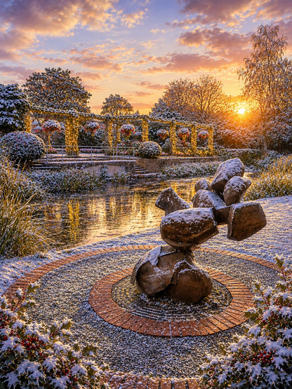A winter garden scene at sunset with a snow-dusted stone sculpture in the foreground, a small pond, a snow-covered arched walkway with hanging flower baskets, and trees under a warm glowing sky.