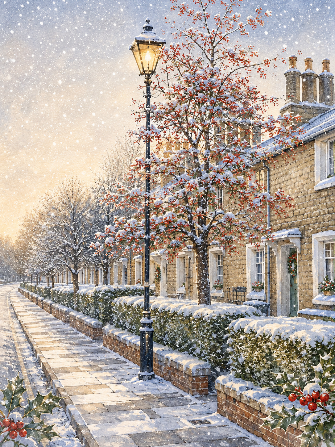 A snowy winter street scene with a black lamppost, snow-covered brick houses, leafless trees with red blossoms, and falling snow in the air.
