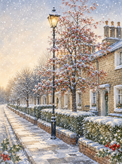 A snowy winter street scene with a black lamppost, snow-covered brick houses, leafless trees with red blossoms, and falling snow in the air.