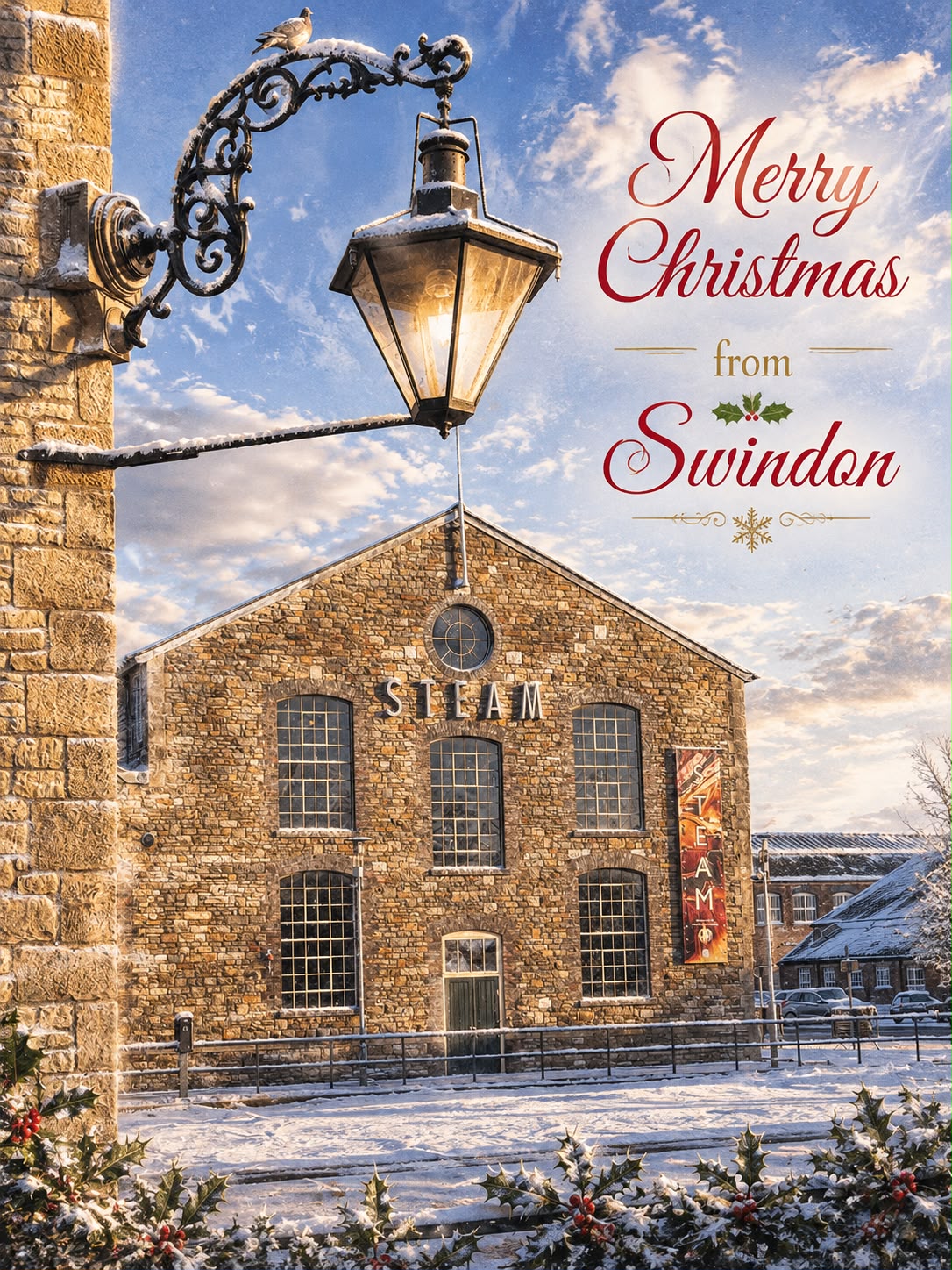A festive Christmas greeting card design featuring a snowy stone building with 'STEAM' on the facade, a vintage wall-mounted lantern in the foreground, and the text 'Merry Christmas from Swindon' in red script on the right.