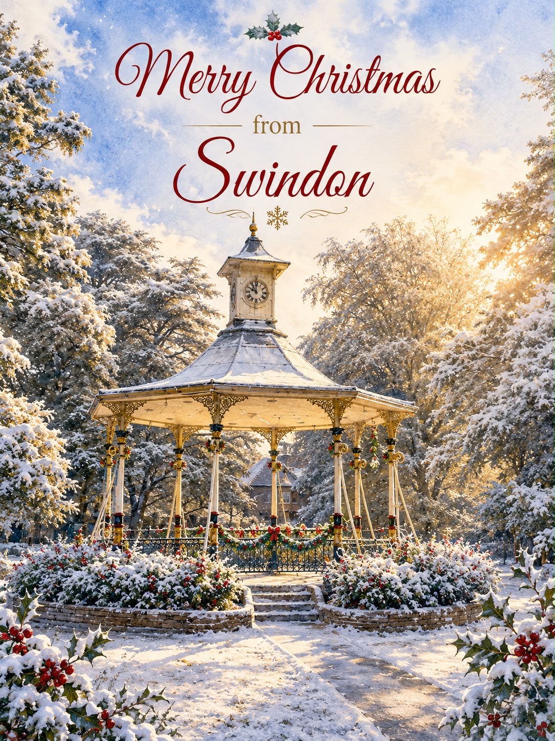 A festive Christmas greeting card design featuring a snow-covered garden bandstand with the text 'Merry Christmas from Swindon' at the top. The scene is decorated with snow, red berries, and warm golden sunlight filtering through the trees.