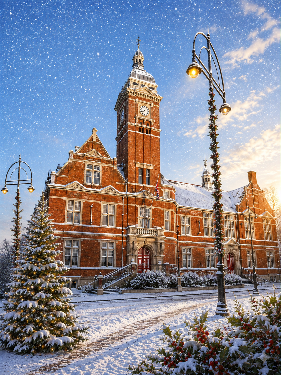 A snowy winter scene featuring Swindon Town Hall with a clock tower, decorated with Christmas lights and a snow-covered evergreen tree in the foreground under a blue sky with falling snow.