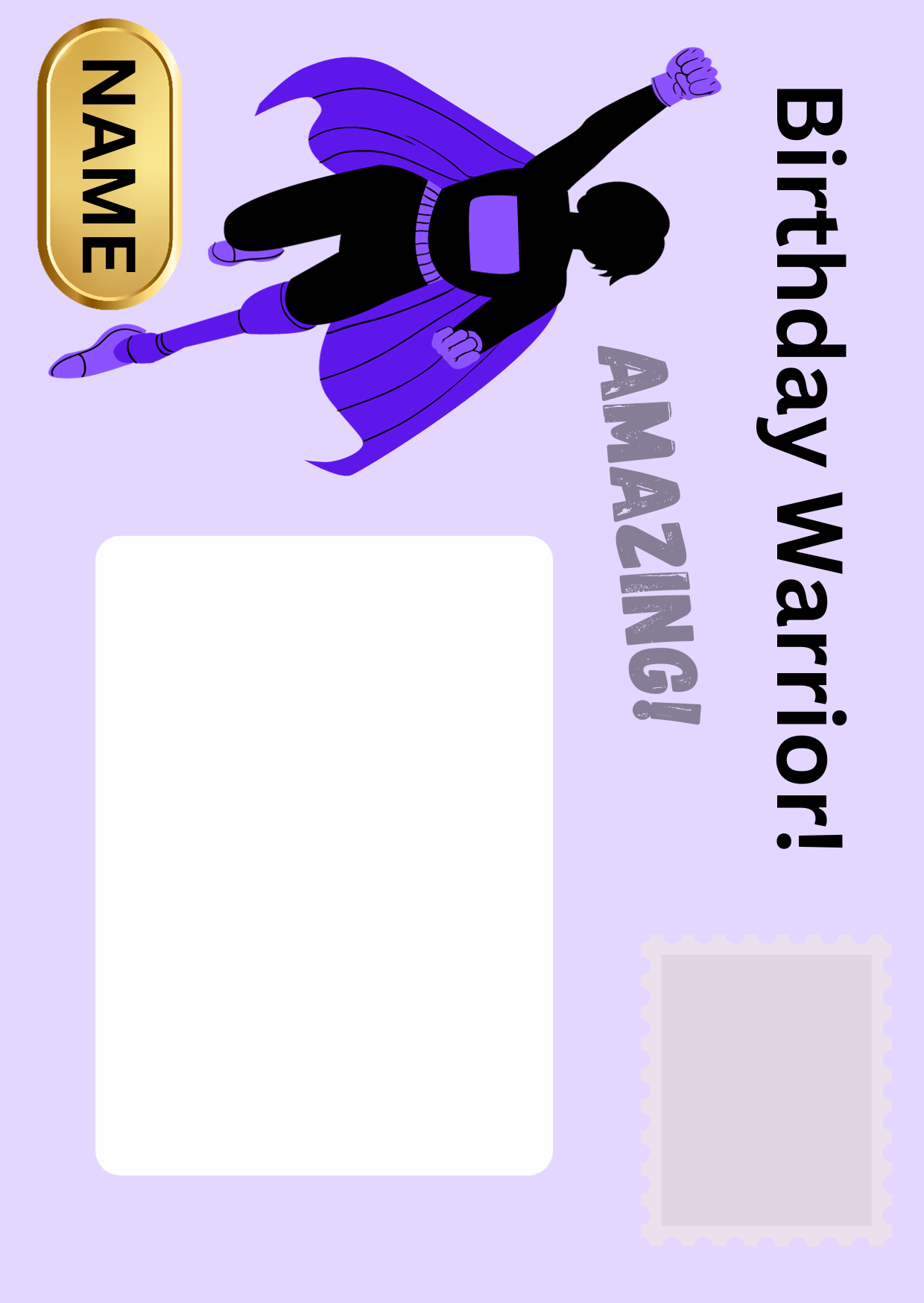 Front of Warrior Woman birthday card posting page featuring supergirl and personalised name