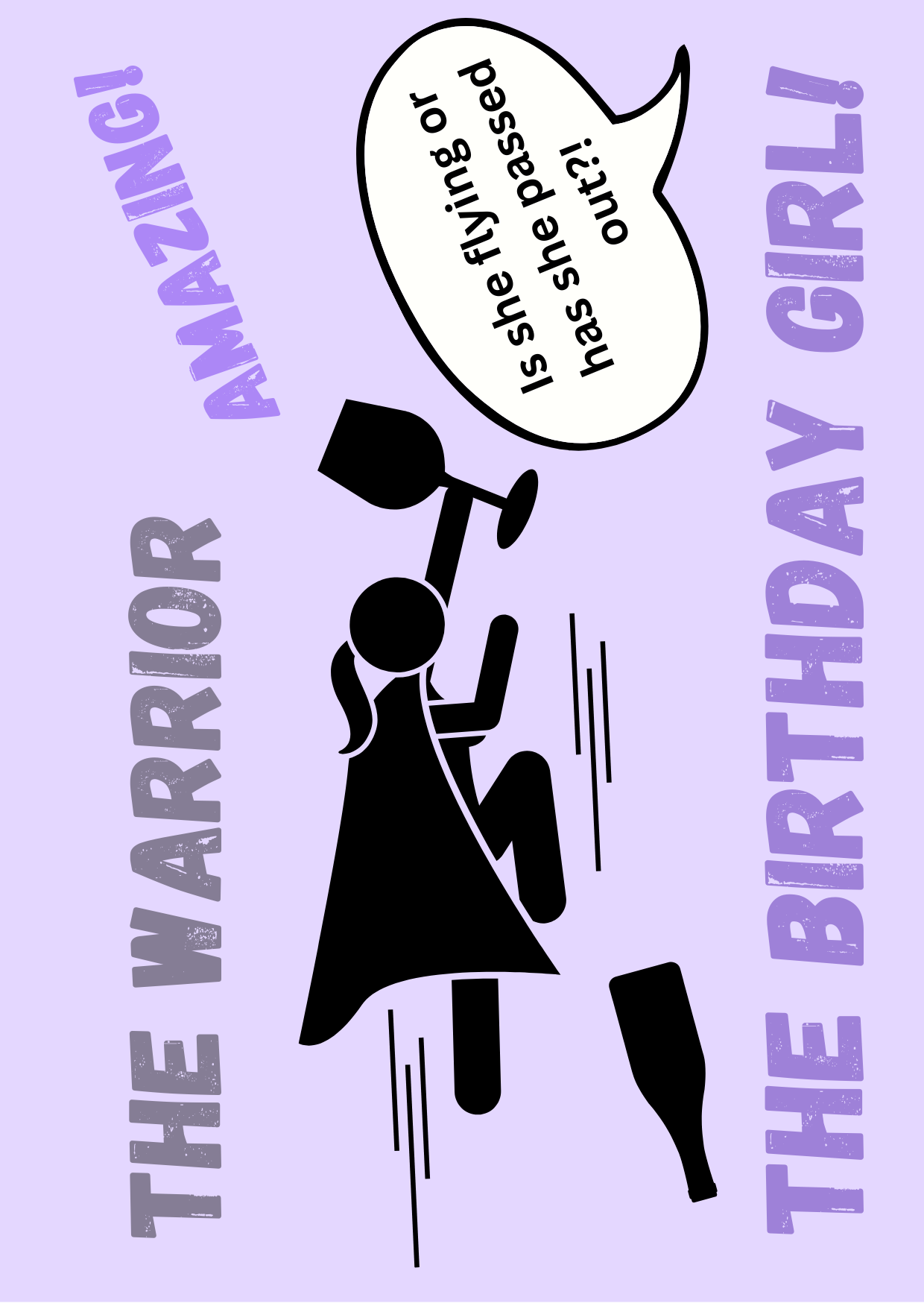 Back of Posting page for Birthday Card The woman, the warrior the wine-o featuring supergirl flying or has she passed out?