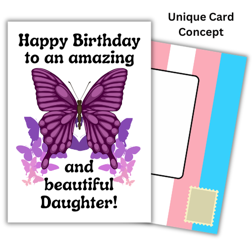Bare Cards self-sealing transgender birthday card for daughter with image of pink butterfly and the text 'Happy birthday to an amazing and beautiful daughter!' shown with the built-in transgender Pride flag posting covers in the background.