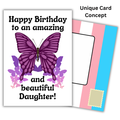 Bare Cards self-sealing transgender birthday card for daughter with image of pink butterfly and the text 'Happy birthday to an amazing and beautiful daughter!' shown with the built-in transgender Pride flag posting covers in the background.