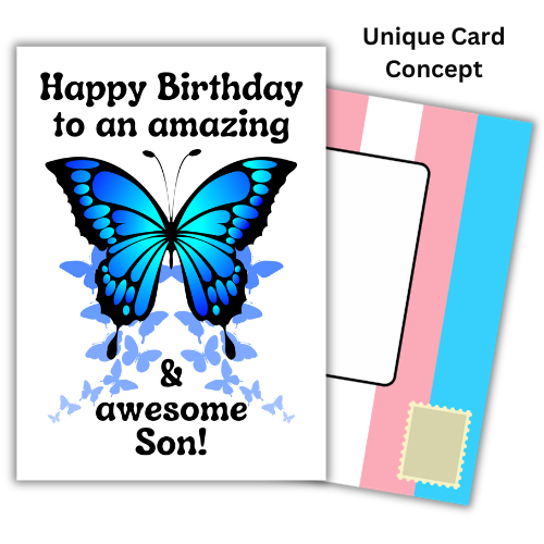 Bare Cards self-sealing transgender birthday card for son with image of blue butterfly and the text 'Happy birthday to an amazing & awesome son!' shown with the built-in transgender Pride flag posting covers in the background.