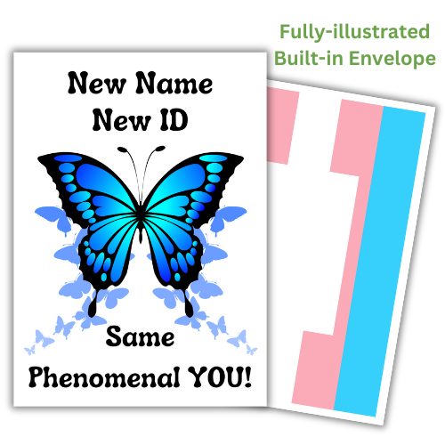 Transitioning Celebration Card. New Name, New ID, Same Phenomenal YOU! Blue