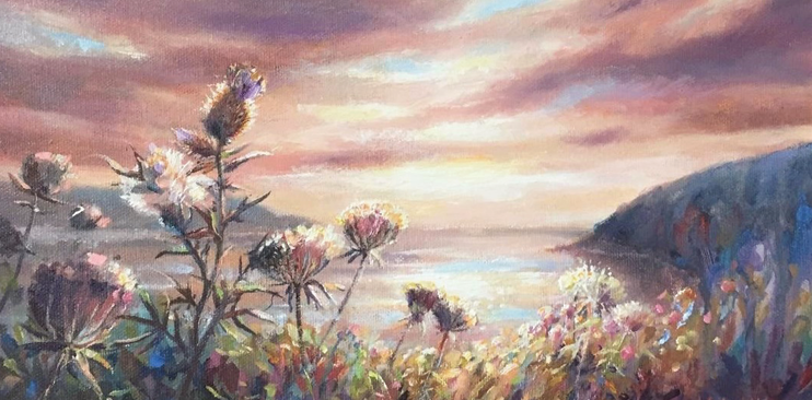 Painting of a sunset over the Atlantic Ocean with thistles and a pink sunset sky