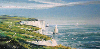 Painting of the white cliffs at Ballard Down, Dorset, with boats on the water.