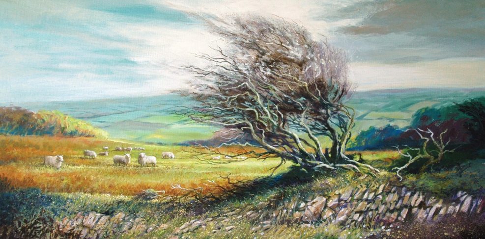 Painting of a landscape in Cornwall with a large tree, sheep, and rolling hills.