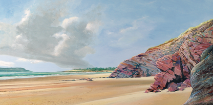 Painting of Daymer Bay in Cornwall with red cliffs and a clear sky