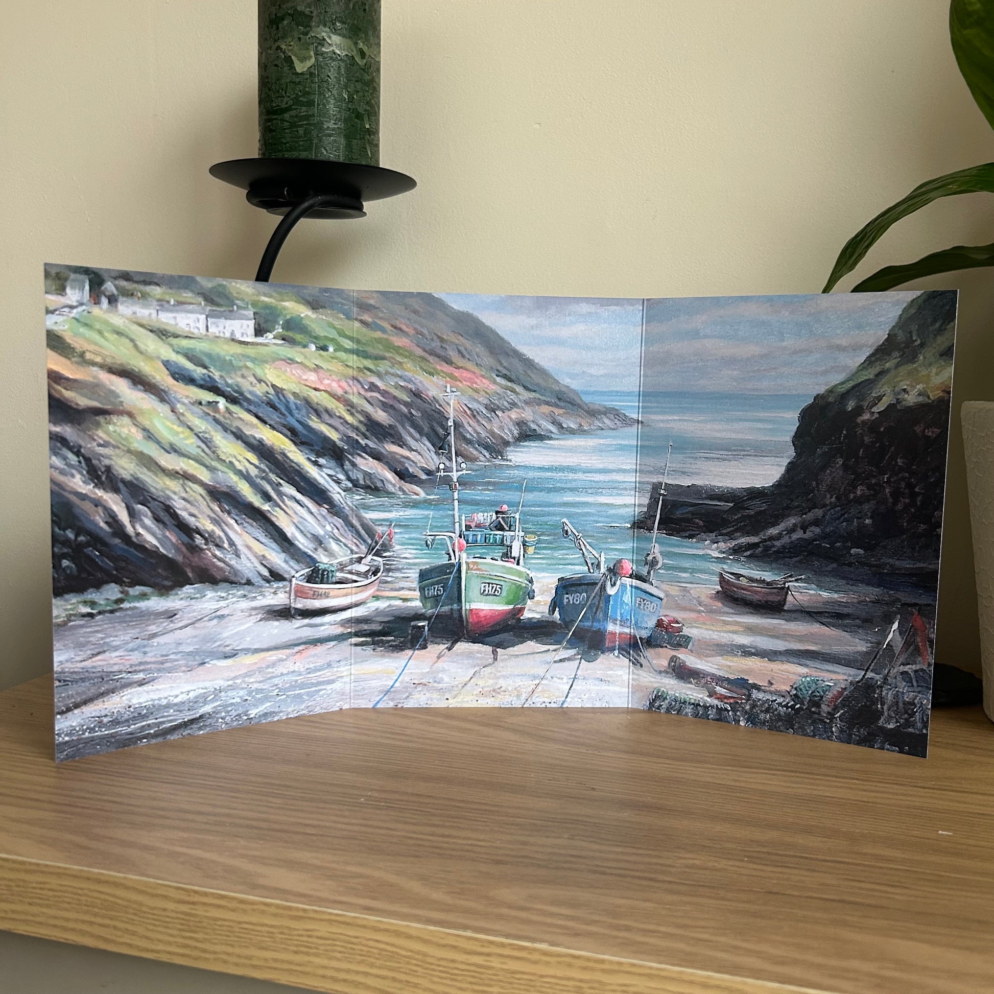 Tri-Folding card with a scenic illustration of Portloe coastal harbour with fishing boats.