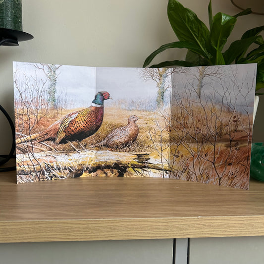Trifold Greetings Card with a nature scene featuring two pheasants in a forest.