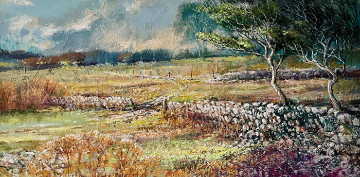 Painting of a landscape with trees and old stone walls in Corsham, Wiltshire
