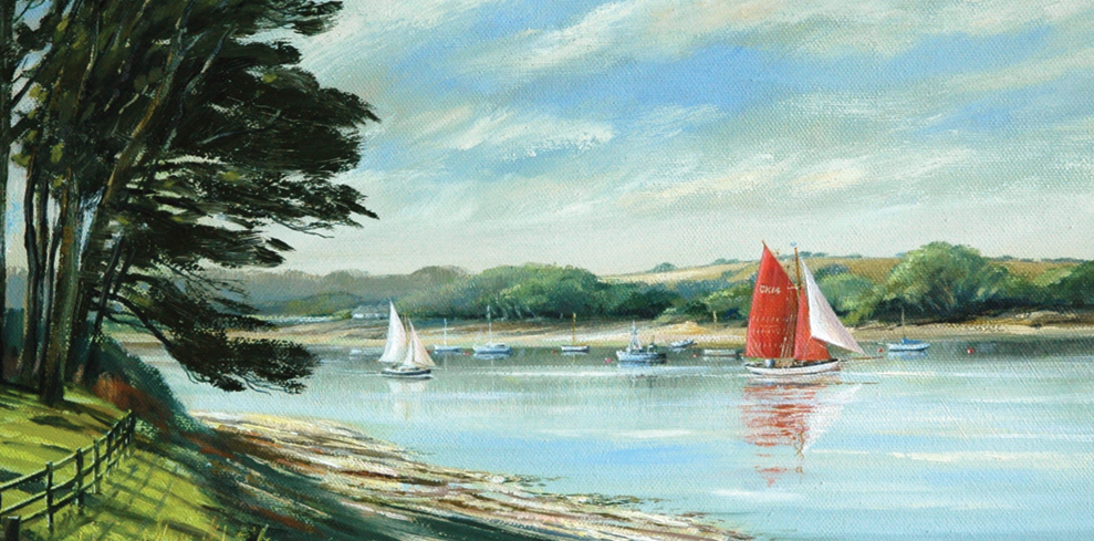 Sailing scene with a red sailboat on the Fal, surrounded by trees and greenery.