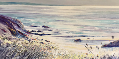 Painting of a coastal scene at Tregardock Beach with sand, water, and vegetation.