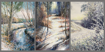 Triptych of winter landscape paintings with snow-covered paths and trees.