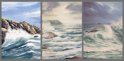 Triptych painting of a coastal scenes with waves crashing against rocks.