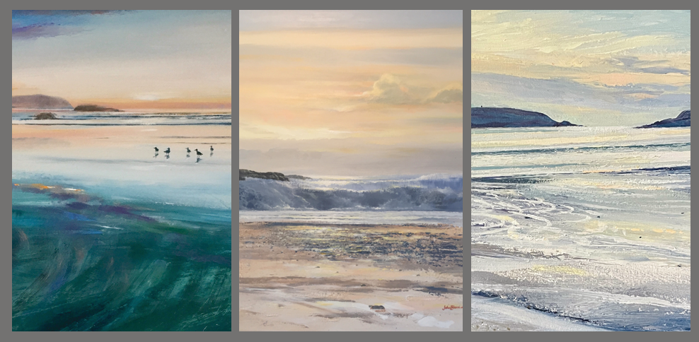 Triptych painting of a coastal scene with waves and a sunset.