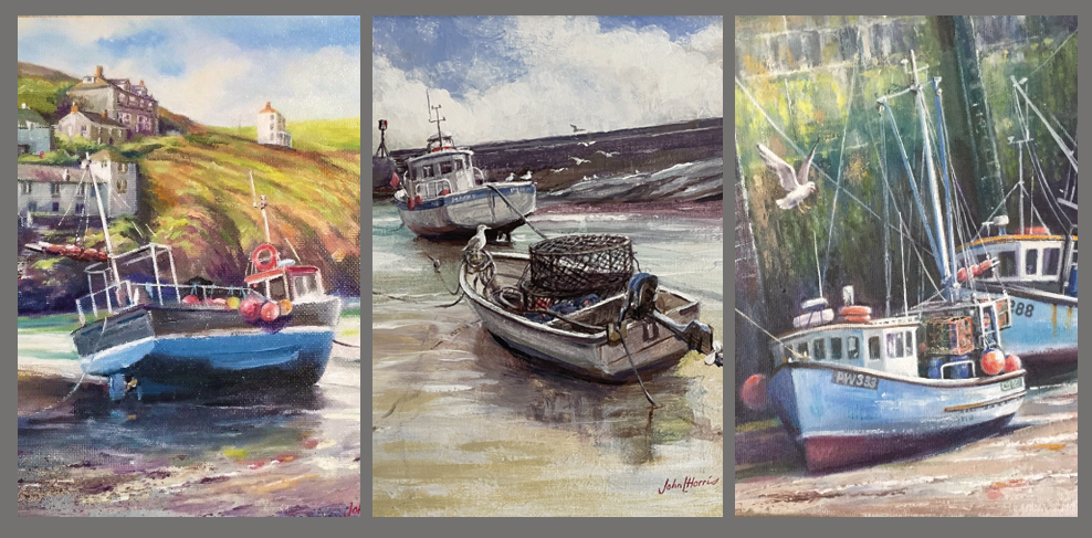 Triptych painting of boats in a harbor with a coastal landscape.