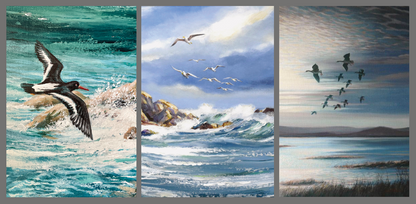 Triptych of coastal scenes with birds and ocean waves.