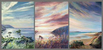 Triptych paintings of a coastal landscape and stunning skies.