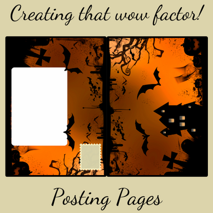 Image shows Halloween posting pages featuring orange background and silhouettes of a haunted house, trees, a gravestone cross and some bats, with the words Creating that wow factor! Posting pages