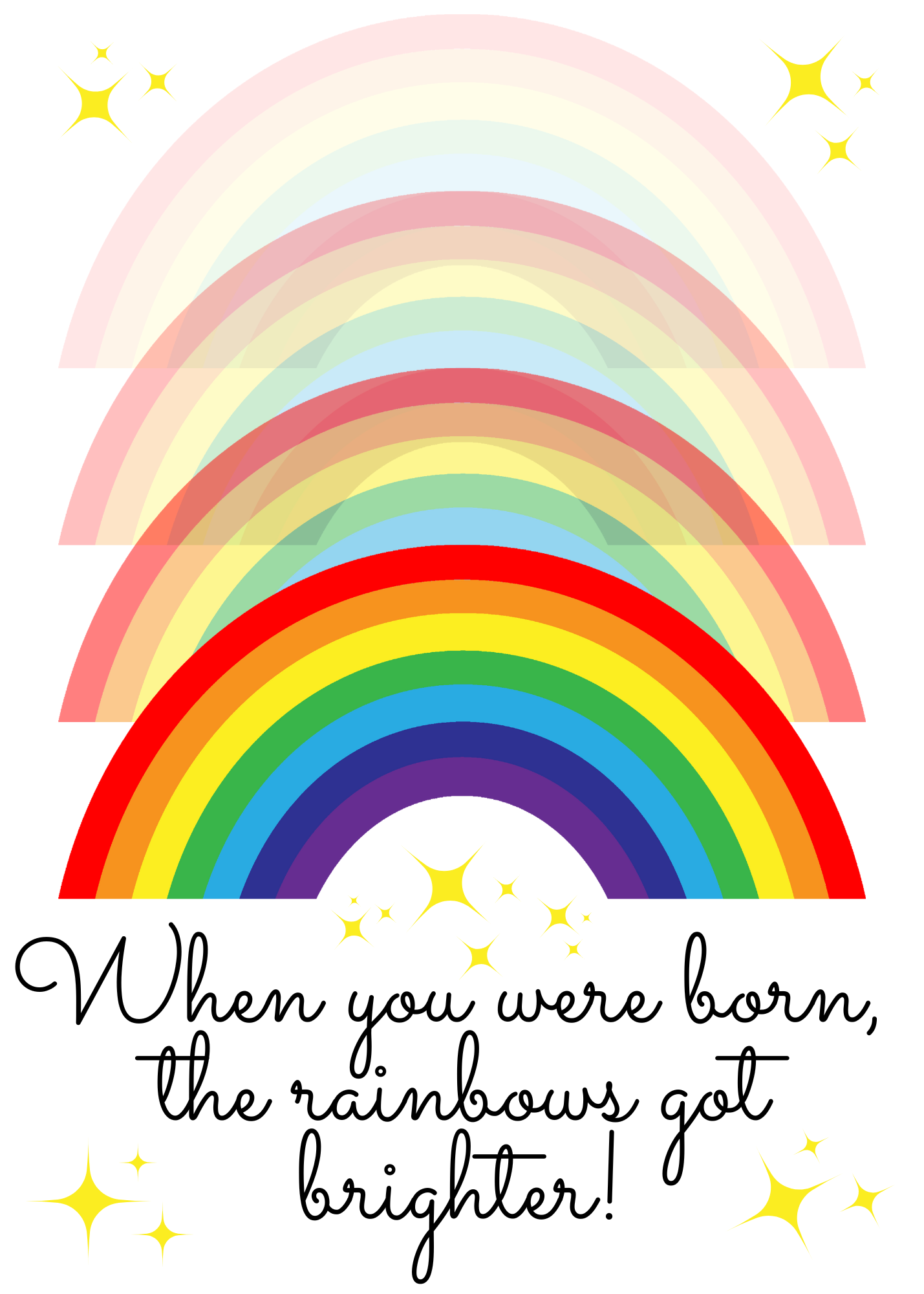Image shows the front of the Bare cards LGBT Birthday card with Colorful rainbow illustration with stars and text reading When you were born the rainbows got brighter on a white background