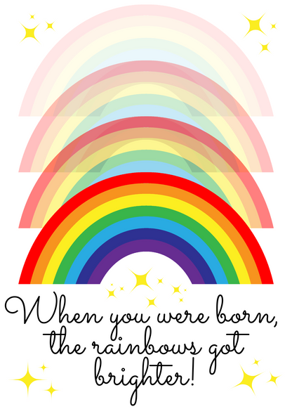 Image shows the front of the Bare cards LGBT Birthday card with Colorful rainbow illustration with stars and text reading When you were born the rainbows got brighter on a white background