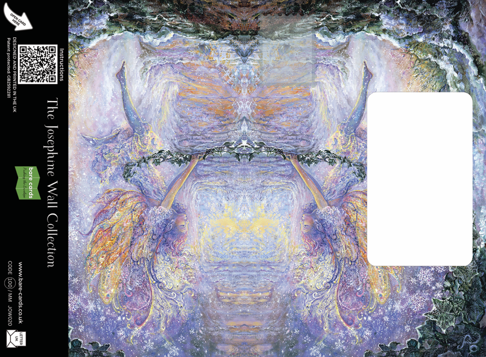 Winter posting pages of the Bare Cards self-sealing greetings card with Artistic depiction of a central fairy figure with wings swinging in the snow, surrounded by fantasy frosty patterns and colors, featuring the Josephine Wall Collection branding.