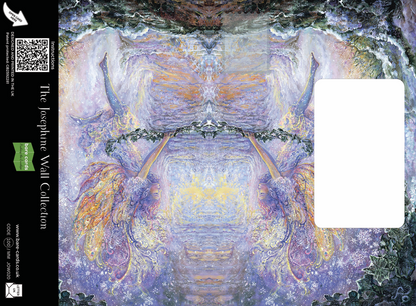 Winter posting pages of the Bare Cards self-sealing greetings card with Artistic depiction of a central fairy figure with wings swinging in the snow, surrounded by fantasy frosty patterns and colors, featuring the Josephine Wall Collection branding.