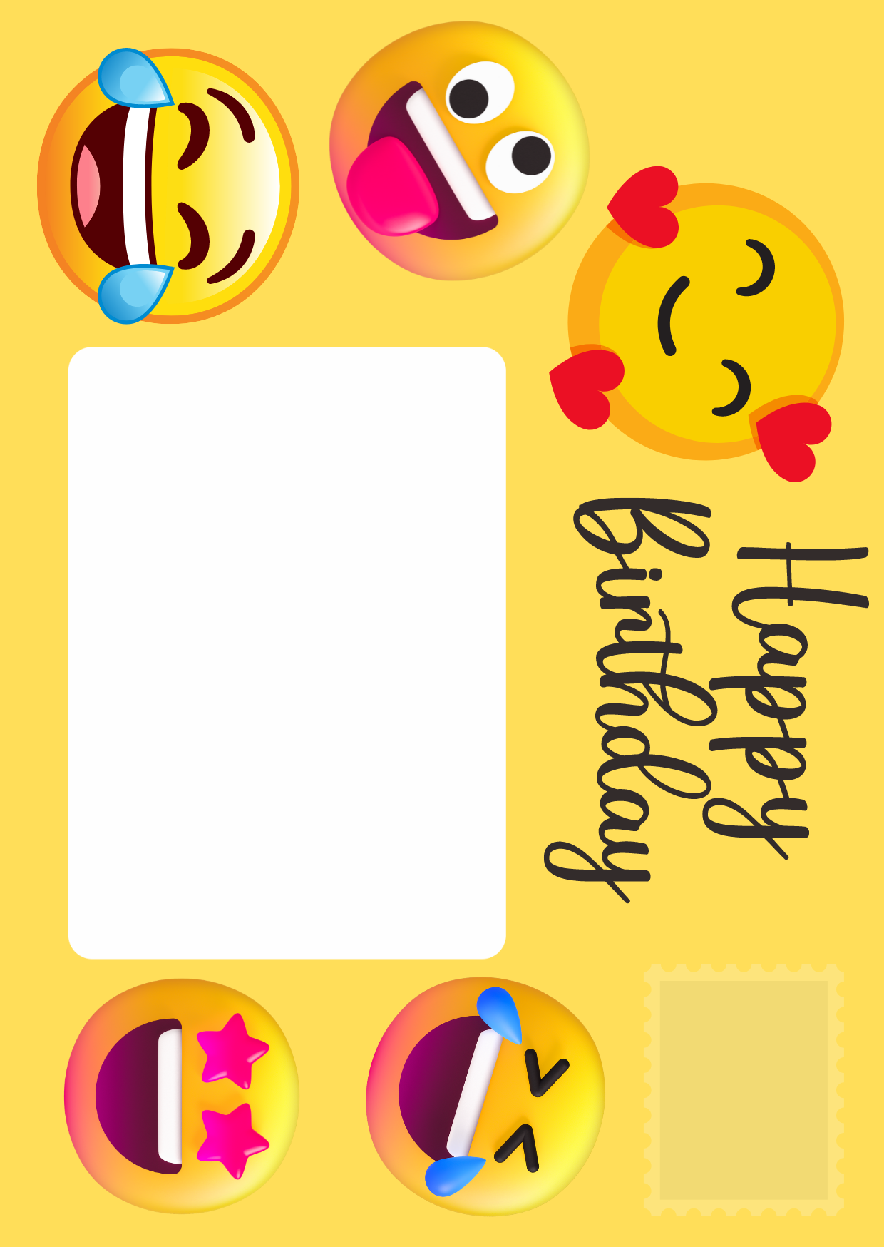 Image shows front of posting pages with yellow background and positive emojis. There is a white rectangle space for address and marker for stamp. Message reads Happy Birthday