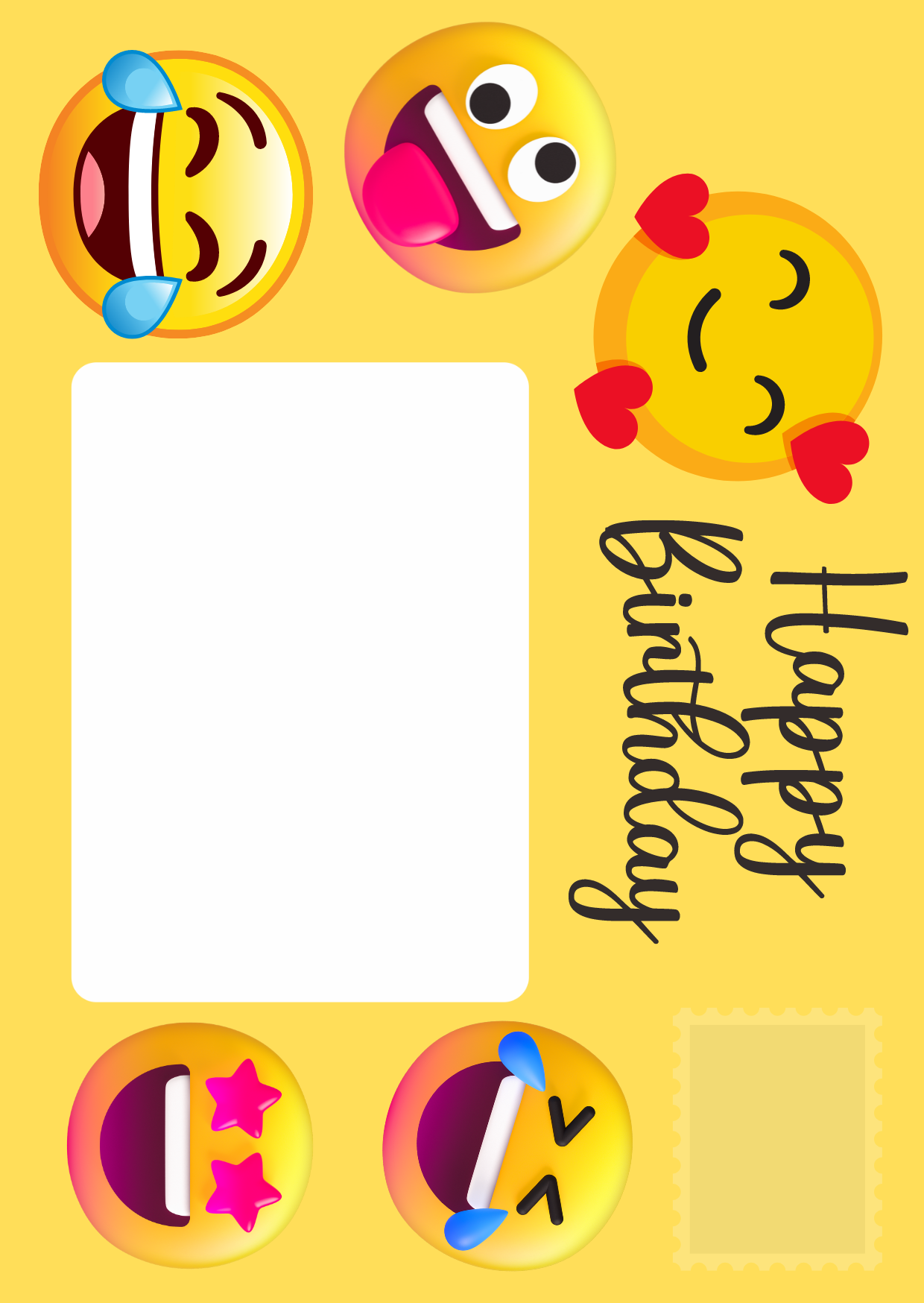 Image shows posting pages of the humour range with yellow backgrounds and positive yellow emojis. Message on front posting page reads Happy Birthday and there is a white space for address and stamp. Image reads "Creating that wow factor! Posting Pages.