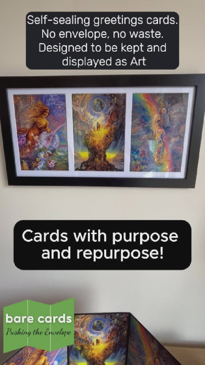 Video shows a demonstration of how to use the self-sealing trifold greetings cards from the Bare Cards Josephine Wall Collection, including; where to write, how to peel, fold and seal the card, where to write the address and fix the stamp, how to open and how the card can be displayed and then repurposed as art into a frame. The card used features three stunning paintings from Josephine Wall - Wind of Change, Tree of Peace and Iris, Keeper of the Rainbow.
