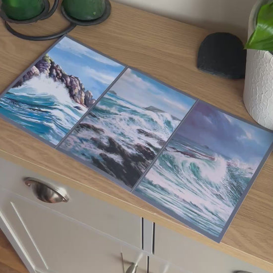 Video shows the self-sealing greetings card from Bare Cards from the John L Harris Collection - a trifold card showing triptych paintings of British Coastal Scenes  - A stiff south-westerly. The Video shows how to fold, seal and write your card.
