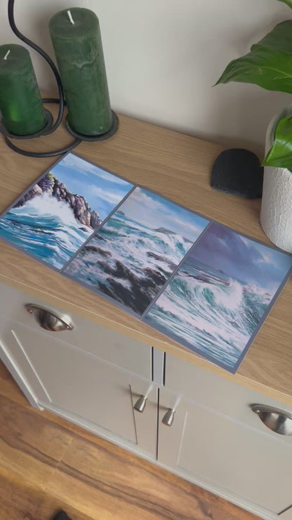 Video shows the self-sealing greetings card from Bare Cards from the John L Harris Collection - a trifold card showing triptych paintings of British Coastal Scenes  - A stiff south-westerly. The Video shows how to fold, seal and write your card.