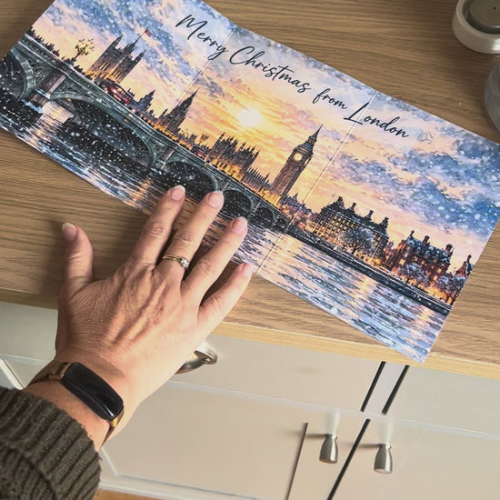 Demonstration Video for the Bare Cards self-sealing Trifold London Christmas Card showing how to write, fold, seal, open and display your card